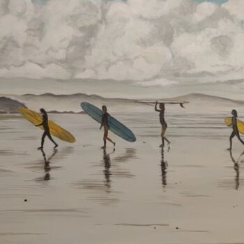 Schilderij getiteld "Quatre surfeuses" door Elise Broca, Origineel Kunstwerk, Acryl Gemonteerd op Frame voor houten brancard