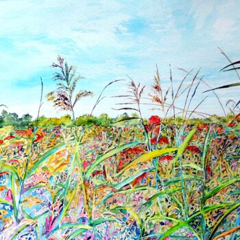 Malerei mit dem Titel "Summer Fen Fields" von Elizabeth Sadler, Original-Kunstwerk, Aquarell