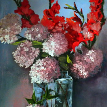 Pittura intitolato "Hydrangeas and Glad…" da Elizabeth Williams, Opera d'arte originale, Olio Montato su Telaio per barella…