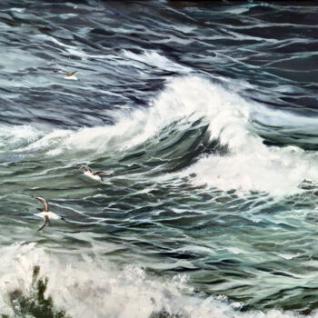 Painting titled "HUNTING FOR BASS" by Elizabeth Williams, Original Artwork, Oil Mounted on Wood Stretcher frame