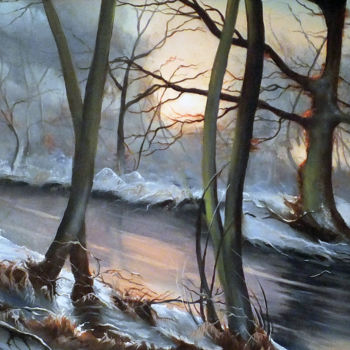 Malarstwo zatytułowany „A Winters' Sunset (…” autorstwa Elizabeth Williams, Oryginalna praca, Olej Zamontowany na Inny sztyw…