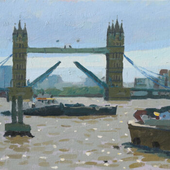 Painting titled "Tower Bridge, Midda…" by Elliot Roworth, Original Artwork, Oil Mounted on Cardboard