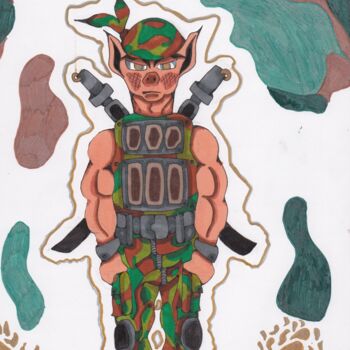 Dibujo titulada "Le Cochon Ninja que…" por Elvire Lana, Obra de arte original, Rotulador