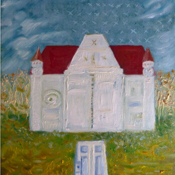 Peinture intitulée "Pejzaż z białym dom…" par Elżbieta Goszczycka, Œuvre d'art originale, Huile