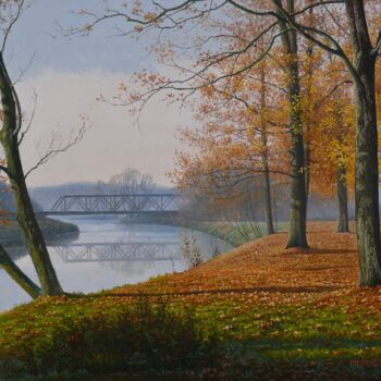 Pintura titulada "Morning by the river" por Emil Mlynarcik, Obra de arte original, Oleo Montado en Bastidor de camilla de ma…