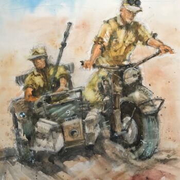 Pintura titulada "La moto du désert202" por Emilian Alexianu, Obra de arte original, Acuarela