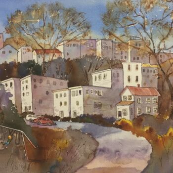 Painting titled "Houses On The Hill—…" by Emily Stedman, Original Artwork, Watercolor