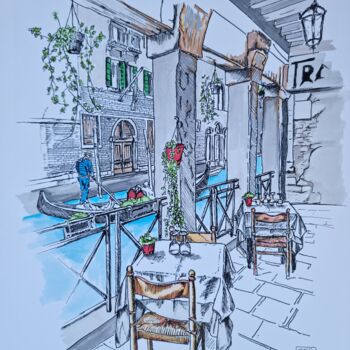 Dessin intitulée "Diner a Venise" par Emmanuel Forgues, Œuvre d'art originale, Crayon
