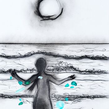 Desenho intitulada "L'enfant et les pie…" por Emmanuelle Donzé, Obras de arte originais, Carvão