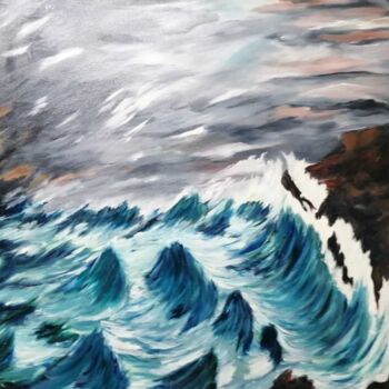 Painting titled "Mar brava" by Encarnita Martin, Original Artwork, Oil Mounted on Wood Stretcher frame