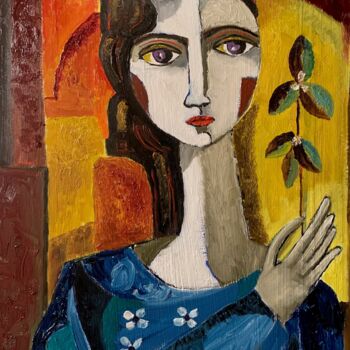 Pintura intitulada "noia amb flor" por Enric Hernaez, Obras de arte originais, Óleo