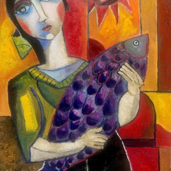 Peinture intitulée "Dona Amb Peix" par Enric Hernaez, Œuvre d'art originale, Huile