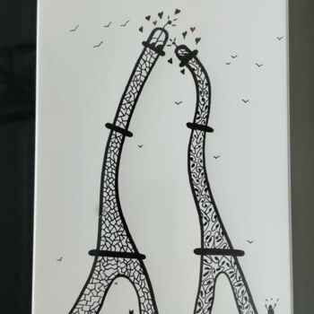 Drawing titled "The Parisians lovers" by Eric De Vuyst, Original Artwork, Ink Mounted on Wood Panel