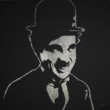 제목이 "Charlie Chaplin"인 콜라주 Erik Black로, 원작, 콜라주 나무 들것 프레임에 장착됨