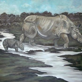 Schilderij getiteld "the rhino family" door Erika Sellier, Origineel Kunstwerk