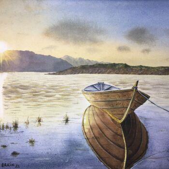 Pintura titulada "Boat, lake, and sun…" por Erkin Yılmaz, Obra de arte original, Acuarela