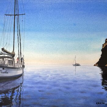 Pintura intitulada "Sailcamp in the Cov…" por Erkin Yılmaz, Obras de arte originais, Aquarela