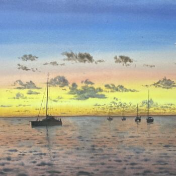 Schilderij getiteld "Sailboats at Sunset." door Erkin Yılmaz, Origineel Kunstwerk, Aquarel