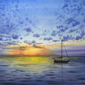 "Sunset and Sailboat." başlıklı Tablo Erkin Yılmaz tarafından, Orijinal sanat, Suluboya