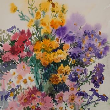 Painting titled "Chrysanthemum bouqu…" by Elena Sanina, Original Artwork, Watercolor