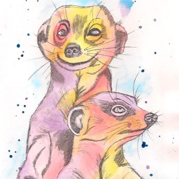 「meerkats」というタイトルの絵画 Ellen Hendrikxによって, オリジナルのアートワーク, 水彩画
