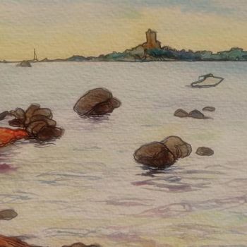 Peinture intitulée "plage de Figari" par Etzi, Œuvre d'art originale, Aquarelle