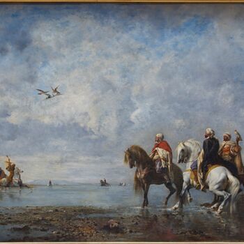 Schilderij getiteld "La chasse au héron…" door Eugène Fromentin, Origineel Kunstwerk, Olie