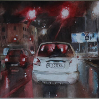 Pintura titulada "Car in the rain" por Eugene Panov, Obra de arte original, Acuarela