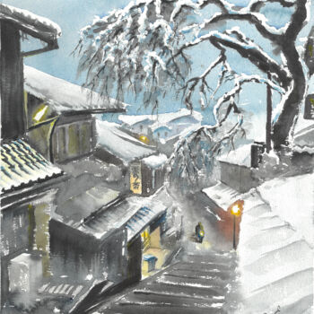 「A snow covered Japa…」というタイトルの絵画 Eugene Popovによって, オリジナルのアートワーク, 水彩画