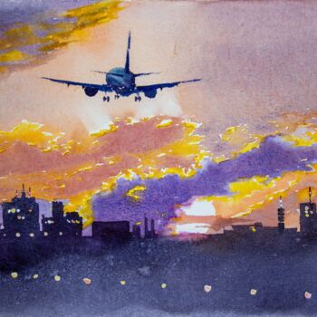 Peinture intitulée "The plane took off…" par Eugene Popov, Œuvre d'art originale, Aquarelle