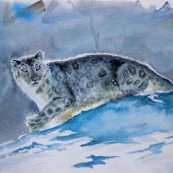 Peinture intitulée "The snow leopard or…" par Eugene Popov, Œuvre d'art originale, Aquarelle
