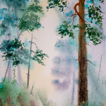 Peinture intitulée "Forest in the mist" par Eugene Popov, Œuvre d'art originale, Aquarelle