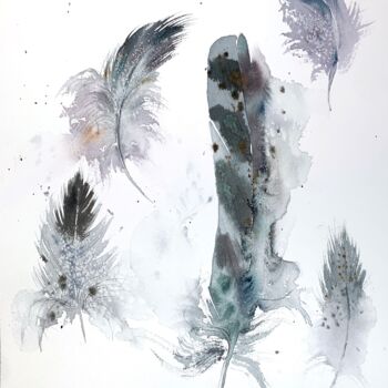 Pittura intitolato "Feathers #3" da Eugenia Gorbacheva, Opera d'arte originale, Acquarello