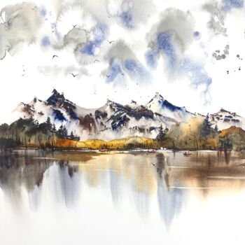 Malerei mit dem Titel "Mountain Lake #11" von Eugenia Gorbacheva, Original-Kunstwerk, Aquarell