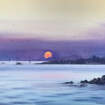 Peinture intitulée "SUNSET ON THE SEA." par Eugenia Gorbacheva, Œuvre d'art originale, Aquarelle