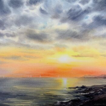 Pittura intitolato "SUNSET ON THE SEA.…" da Eugenia Gorbacheva, Opera d'arte originale, Acquarello