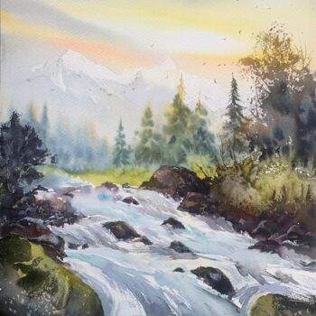 Painting titled "MOUNTAIN RIVER #31" by Eugenia Gorbacheva, Original Artwork, Watercolor