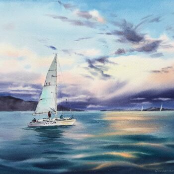 绘画 标题为“Yacht in the sea at…” 由Eugenia Gorbacheva, 原创艺术品, 水彩