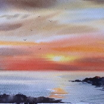 Pintura intitulada "Sunset on the sea #…" por Eugenia Gorbacheva, Obras de arte originais, Aquarela