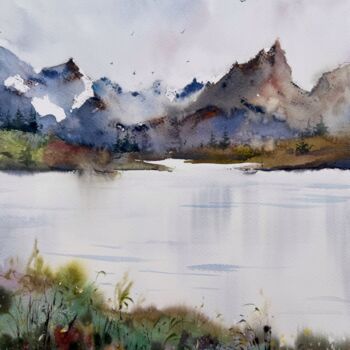 Painting titled "Mountain Lake #29" by Eugenia Gorbacheva, Original Artwork, Watercolor