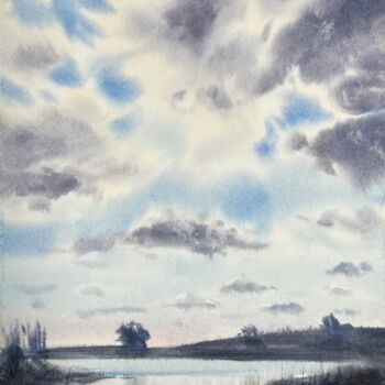 Schilderij getiteld "Clouds over the riv…" door Eugenia Gorbacheva, Origineel Kunstwerk, Aquarel
