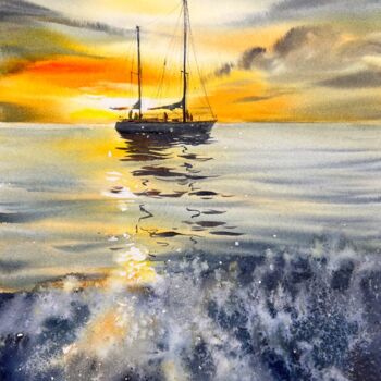 Painting titled "Yacht at sunset #12" by Eugenia Gorbacheva, Original Artwork, Watercolor