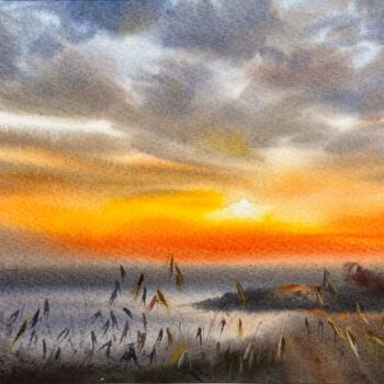Pintura titulada "Orange sunset #24" por Eugenia Gorbacheva, Obra de arte original, Acuarela