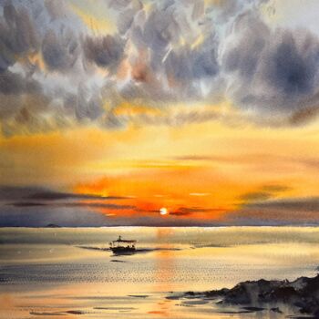 Painting titled "Orange sunset #25" by Eugenia Gorbacheva, Original Artwork, Watercolor