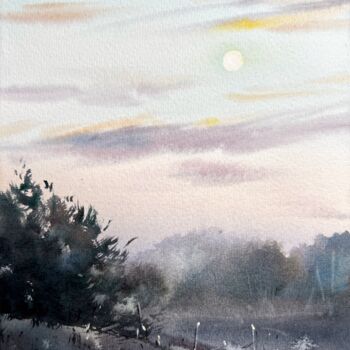 Malerei mit dem Titel "Sunset in the fog" von Eugenia Gorbacheva, Original-Kunstwerk, Aquarell
