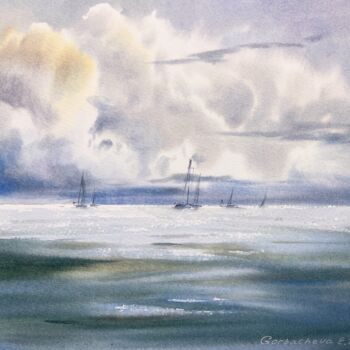 Malerei mit dem Titel "Yachts at sea #21" von Eugenia Gorbacheva, Original-Kunstwerk, Aquarell