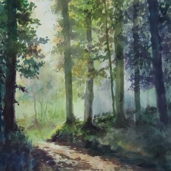 Painting titled "Forest path" by Eugis Eidukaitis, Original Artwork, Watercolor