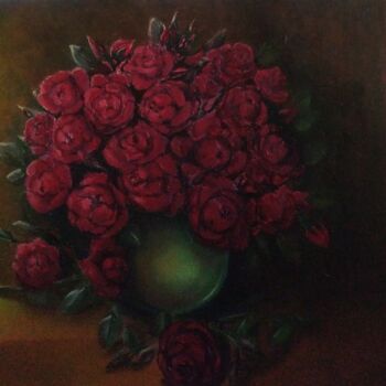 Painting titled "Красные розы" by Eva Lazaryan, Original Artwork, Oil Mounted on Wood Stretcher frame