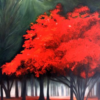 Malarstwo zatytułowany „l'arbre rouge” autorstwa Evelyne Deuil, Oryginalna praca, Olej