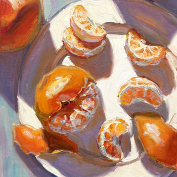 Painting titled "Tangerines" by Evgeny Chernyakovsky, Original Artwork, Oil Mounted on Wood Stretcher frame